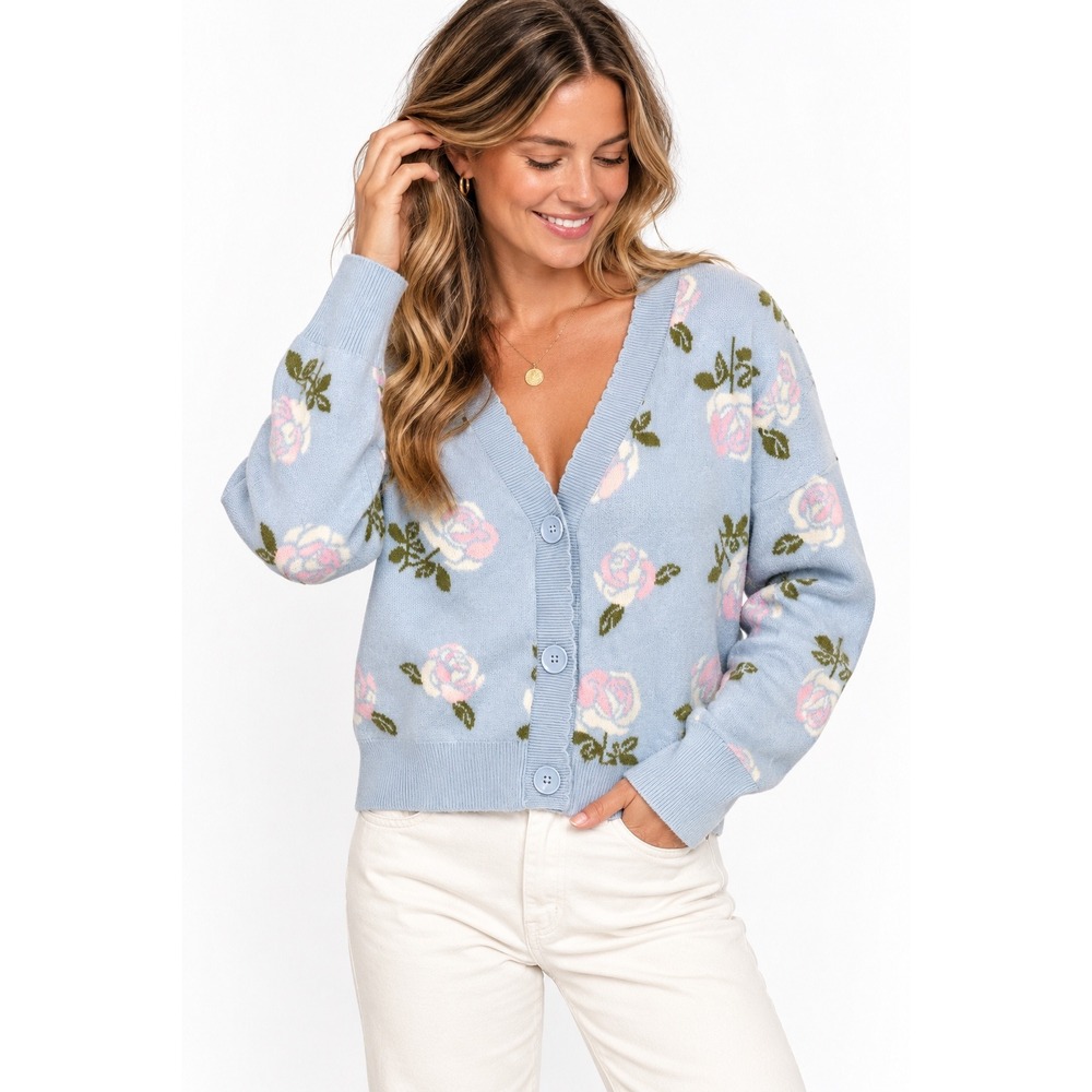 Willow & Wind Blue Pink Rose Floral Button Front V-Neck Cardigan Sweater Medium